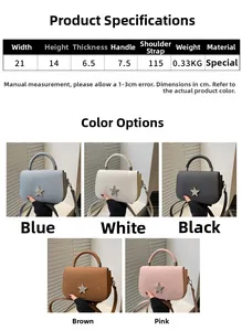 Detailed size chart and dimensions for the star-studded chain crossbody shoulder bag