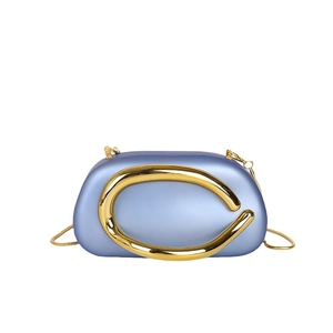 Minimalist light blue box clutch bag with gold chain strap and oval buckle for evening events