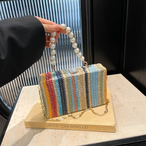 Women's Straw Woven Box Bag With Faux Artificial Pearl Handle And Metal Chain Strap Fashion Striped Crossbody Handbag For Vacation Beach