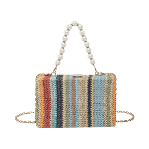Colorful striped straw box bag featuring a pearl bead handle and golden metal chain strap