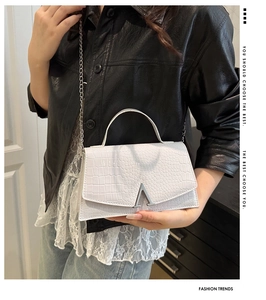 Detail of white crocodile pattern shoulder bag with silver V-shaped buckle and chain