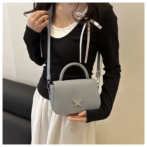 Detail of silver woven texture handbag with a crystal star buckle and silver handle