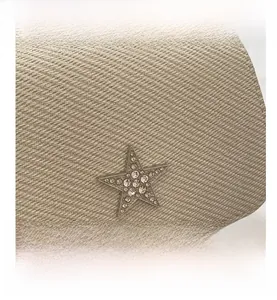 Close-up of beige fabric square bag featuring a silver star rhinestone decoration