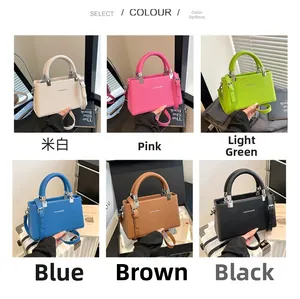 Litchi pattern leather handbag detail showing multiple colors and crossbody strap