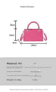 Detailed size guide for rose red lychee texture handbag with dimensions and features