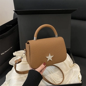 Women Woven Texture Star Rhinestone Crossbody Handbag Fashion Luxury Small Square Shoulder Bag With Top Handle