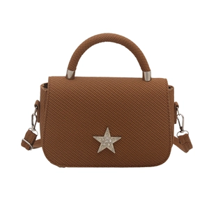 Brown woven texture handbag with crystal star ornament and detachable shoulder strap
