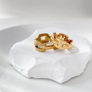Macro detail of gold chain link rings with polished H-shape and textured rectangular design