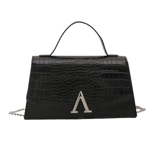 Chic black crocodile embossed leather handbag with silver V-shaped buckle and chain strap