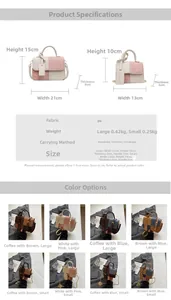 Size chart for contrast color PU leather crossbody bag showing large and small dimensions