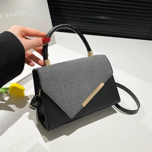 Women Fashion Small Square Crossbody Bag PU Leather Woven Stitching Contrast Color Handbag With Top Handle Gold Metal