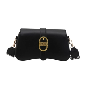 Minimalist black leather crossbody bag with golden buckle and geometric woven strap
