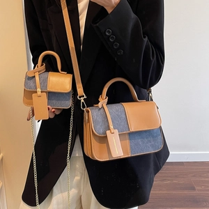 Khaki leather and blue denim patchwork handbag set with mini crossbody bag and gold hardware