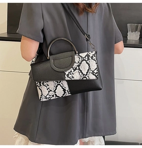Detailed back view of snake print patchwork crossbody bag with metallic top handle