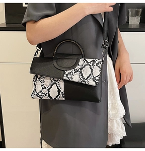 Detail showing snake pattern stitching and litchi texture on crossbody bag with metal handle