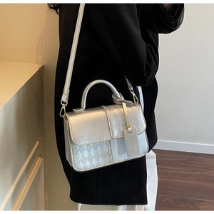 Silver quilted crossbody bag with sleek panels and elegant silver-tone hardware