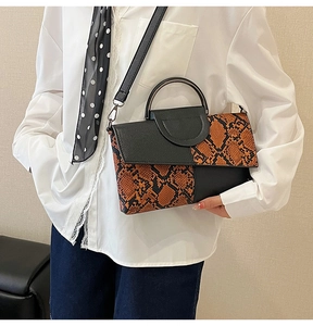 Detail of snake pattern and black leather crossbody bag with metallic circular handle