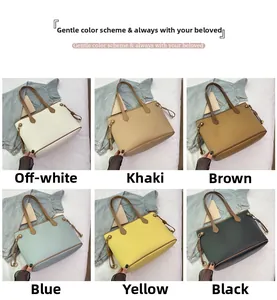 Tote bag detail showcasing six colors: cream, khaki, brown, blue, yellow, and black