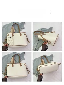Four angles of white pebble leather tote bag with brown straps and size reference
