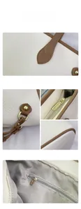 Close-up of white lychee leather texture with gold zipper and grey herringbone lining