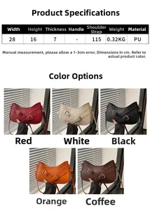 Detailed size chart and multi-color specifications for the croc-pattern PU shoulder bag