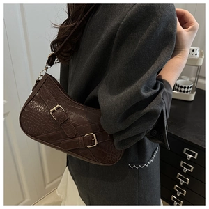Fashionable dark brown faux crocodile leather underarm bag with gold buckles