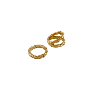 Hammered gold double-layer and single band ring set with unique crater texture for women