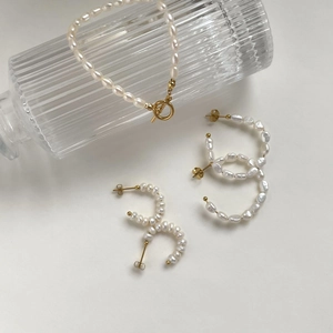 Artificial Baroque Pearl Hoop Earrings And Bracelet Titanium Steel Gold Plated Elegant Minimalist Jewelry For Women