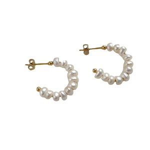 Handmade Baroque pearl hoop earrings with irregular beads and golden metallic hardware