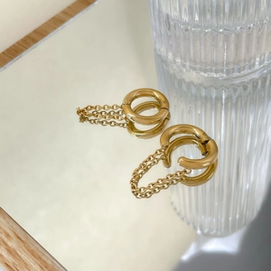 Polished 18K gold-plated stainless steel hoop earrings with delicate tassel chain fringe