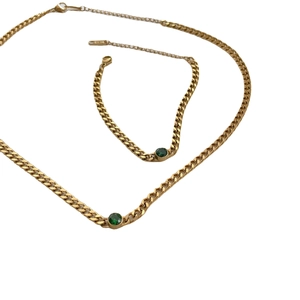 Gold Cuban link jewelry set with round green zircon stones including necklace and bracelet
