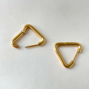 Détail de boucles d'oreilles triangles dorées montrant le fermoir sur fond blanc