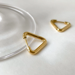 Détail de boucles d'oreilles triangulaires géométriques avec finition dorée polie