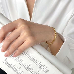 Detail of a gold titanium flat snake bone chain bracelet worn on a female wrist