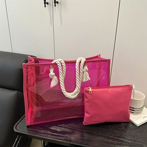 Transparent PVC Tote Bag Fashion Dual Layer Design With Cotton Rope Waterproof Summer Beach Handbag For Women Casual Style