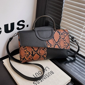 Women Snake Pattern PU Leather Crossbody Bag Color Block Splicing Handbag With Metal Handle Magnetic Buckle Shoulder Bag