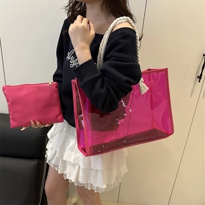 Pink transparent PVC tote bag with matching inner pouch and cotton rope handles