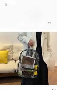 Detail of transparent PVC backpack featuring black trim and spacious interior