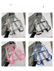 Detail view of clear PVC backpacks in gray, black, pink and blue with mesh side pockets