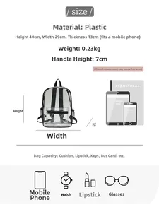 Clear PVC backpack size guide showing dimensions 40x29x13cm compared to A4 paper