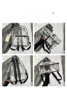 Detail view of transparent PVC backpack with black trim and mesh side pocket shown in 4 angles