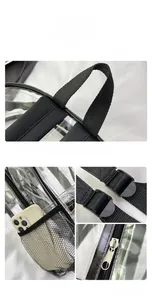 Detail of transparent PVC backpack showing mesh side pocket and reinforced top handle