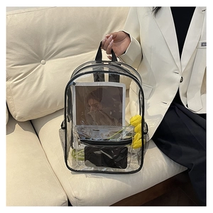 Detail of transparent PVC backpack with black piping and breathable mesh side pockets