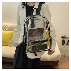 Lifestyle shot of a transparent PVC backpack with black straps worn by a female model