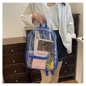 Detail view of transparent PVC backpack with blue trim and front zipper pocket