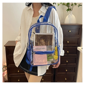 Detail view of transparent blue PVC backpack showing pink notebooks and spacious interior