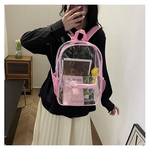 Detail of transparent pink PVC backpack with mesh side pocket and front zipper compartment