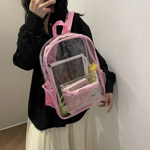Clear PVC backpack with pink trim featuring an interior tablet and laptop storage