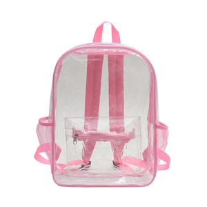Waterproof clear PVC backpack with stylish pink trim and mesh side pockets for school