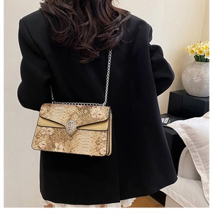 Détail du sac à bandoulière motif serpent avec boucle argentée et chaîne en métal